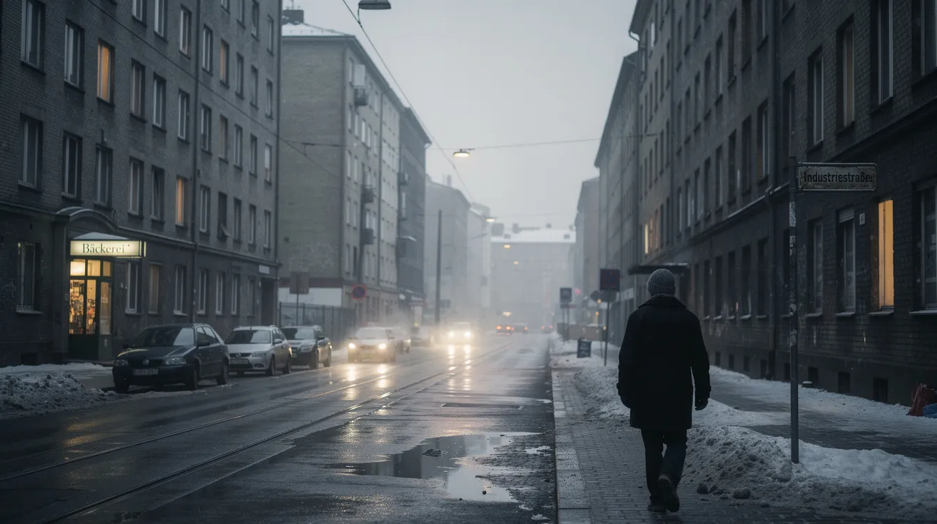 Eine winterliche Straßenszene in einer Großstadt zeigt graue Backsteingebäude und nassen Asphalt, während eine einsame Gestalt durch das Arbeiterviertel läuft. Die Atmosphäre erinnert an die Herausforderungen und Kämpfe, wie sie in Filmen mit Sylvester Stallone, wie "Rocky", dargestellt werden.