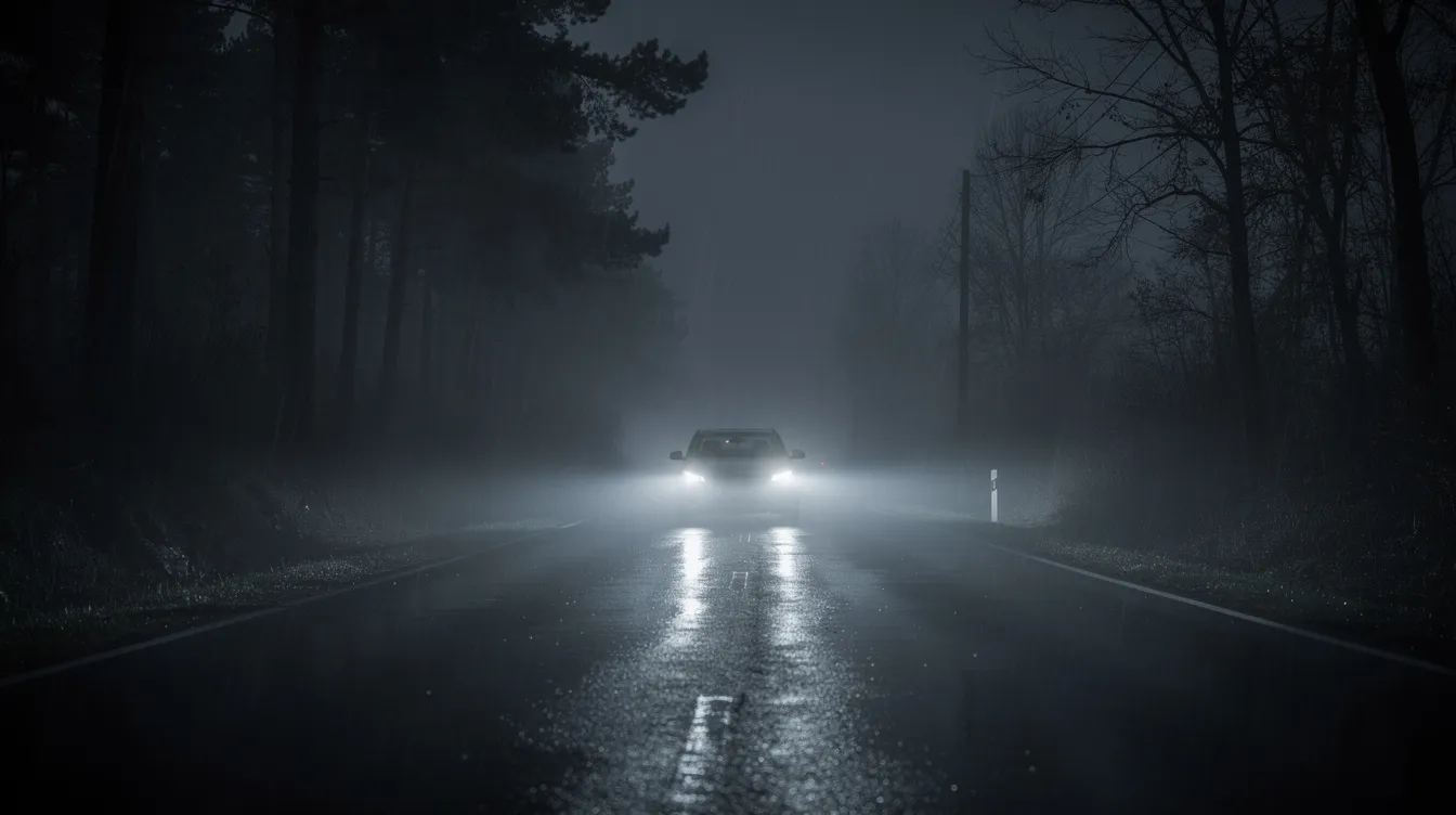 Die Nachtszene zeigt eine einsame Landstraße im Wald, auf der zwei Autoscheinwerfer durch den dichten Nebel und die silhouettierten Bäume strahlen, während ein kaltes bläuliches Licht die Umgebung mysteriös erleuchtet. Diese Atmosphäre könnte leicht an die spannungsgeladene Handlung eines Thrillers wie "Der unsichtbare Gast" erinnern.