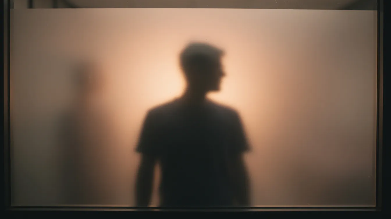 Die Silhouette einer Person ist hinter einer milchigen Glasscheibe zu sehen, umgeben von warmem Licht. In der unscharfen Spiegelung erscheint eine zweite Figur, was an die Themen von Verlust und Selbstfindung aus dem Meisterwerk "Paris, Texas" von Wim Wenders erinnert.