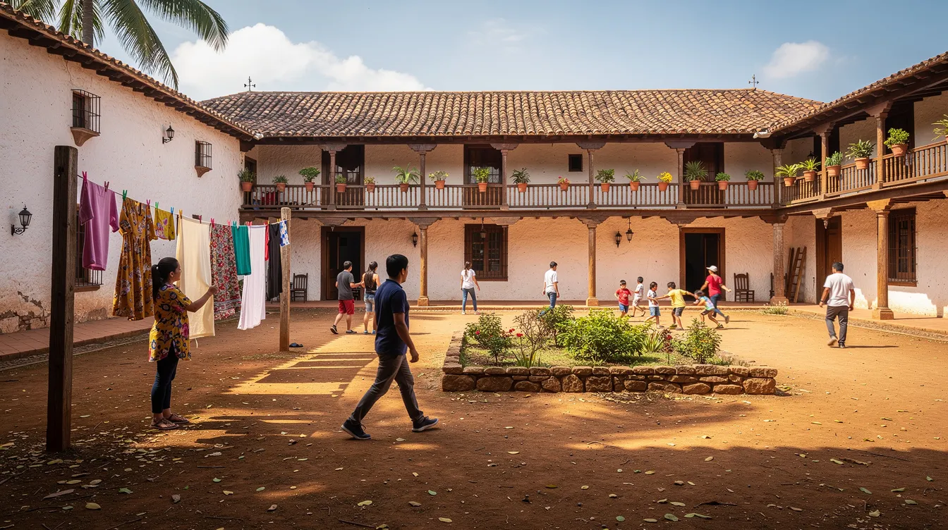 Im Innenhof einer lateinamerikanischen Hacienda bei Tageslicht sind mehrere Personen zu sehen, die in verschiedene Richtungen gehen. Eine Frau hängt Wäsche auf, während Kinder im Hintergrund spielen, was eine lebendige Atmosphäre schafft und die Interaktion der Menschen in diesem Bereich hervorhebt.