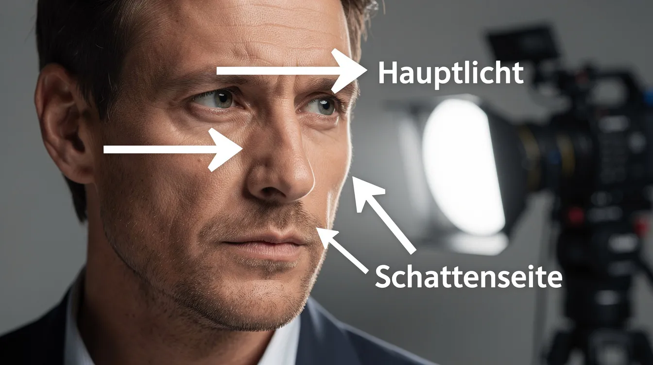 Die Filmszene zeigt ein Gesicht, auf dem mit eingezeichneten Pfeilen die Richtung des Hauptlichts sowie die Schattenseite markiert sind. Diese Darstellung verdeutlicht die Technik der Filmbeleuchtung und die Ausleuchtung im Rahmen der Bühnentechnik.