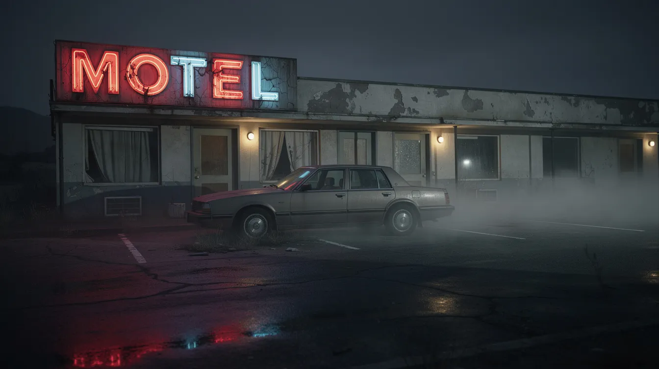 Das Bild zeigt ein verlassenes Motel bei Nacht, beleuchtet von einem flackernden Neonschild. Auf dem Parkplatz steht ein einzelnes Auto, während dichter Nebel den Boden umhüllt und eine geheimnisvolle Atmosphäre schafft, die an die düstere Stimmung von "Monster of the Week" erinnert.