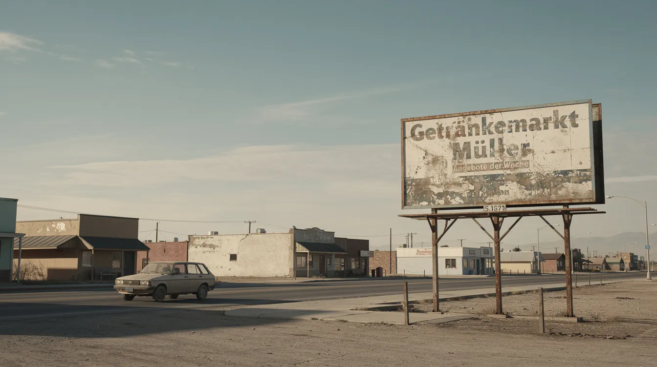 Ein weiter Himmel über einer staubigen Kleinstadt, in der ein verblasstes Werbeschild und ein einzelnes geparktes Auto zu sehen sind. Diese Szene erinnert an die melancholische Atmosphäre des Films "Paris, Texas", der von Wim Wenders inszeniert wurde und die Themen Selbstfindung und Verlust behandelt.