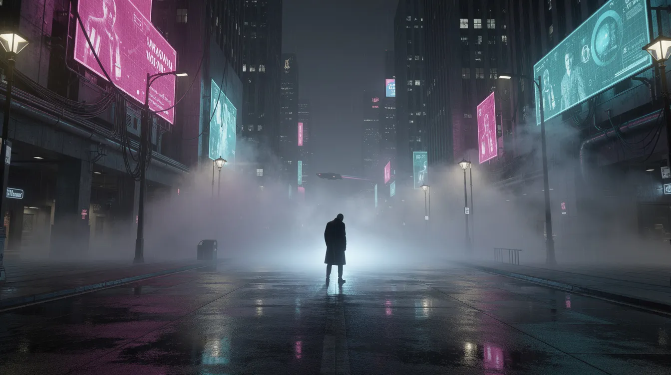 Die düstere futuristische Stadtlandschaft bei Nacht zeigt eine neblige Straße, beleuchtet von Neonlichtern, während die Silhouette einer einzelnen Figur, die an Officer K aus "Blade Runner 2049" erinnert, im Vordergrund steht. Diese Szene vermittelt eine geheimnisvolle und dystopische Atmosphäre, die typisch für Science-Fiction-Klassiker ist.