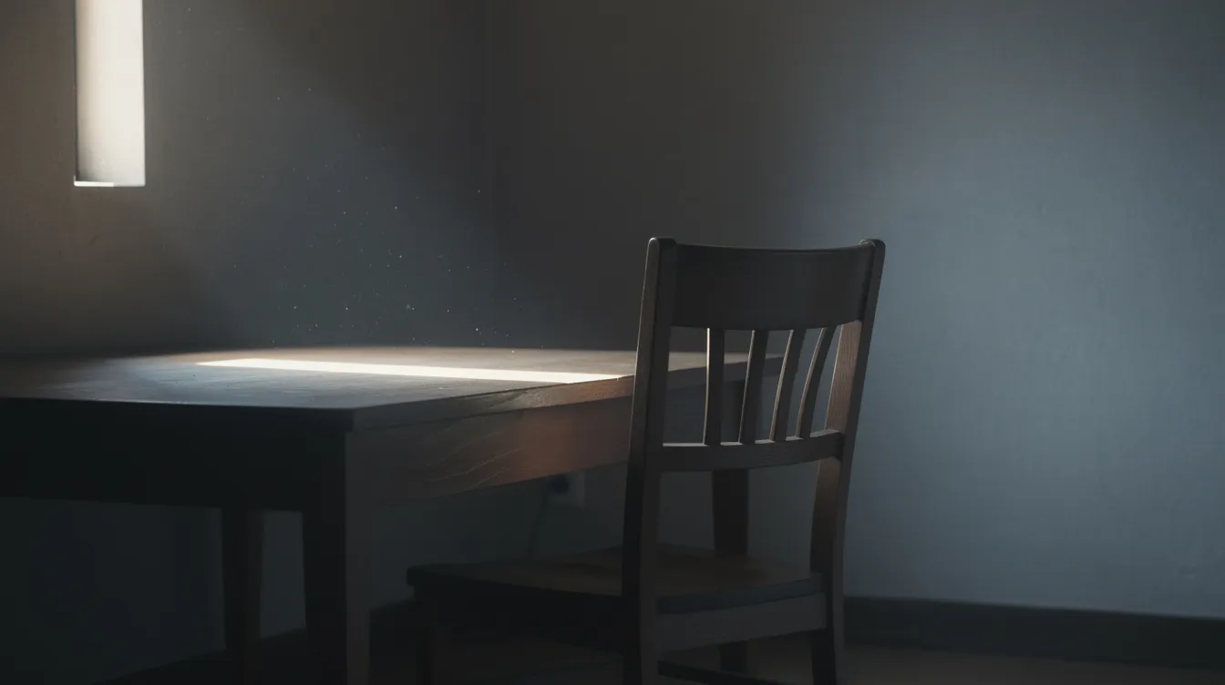 In einem halbdunklen Raum steht ein leerer Stuhl an einem Holztisch, während Licht durch ein schmales Fenster fällt. Diese Szenerie könnte an die geheimnisvollen Geschehnisse aus "Der unsichtbare Gast" erinnern, wo die Wahrheit in einem spannenden Thriller enthüllt wird.