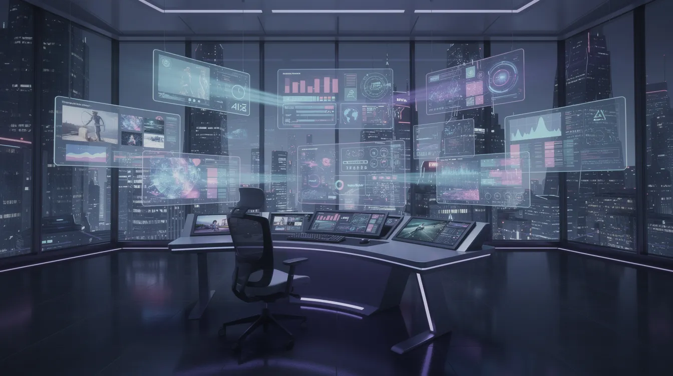 Das Bild zeigt ein futuristisches Medien-Kontrollzentrum mit transparenten Bildschirmen und holografischen Displays, die verschiedene Medieninhalte in Form von Grafiken, Texten und Videos präsentieren. Die innovative Struktur ermöglicht einen effektiven Austausch von Informationen und Daten für die Syndizierung von Inhalten über verschiedene Kanäle und Plattformen.