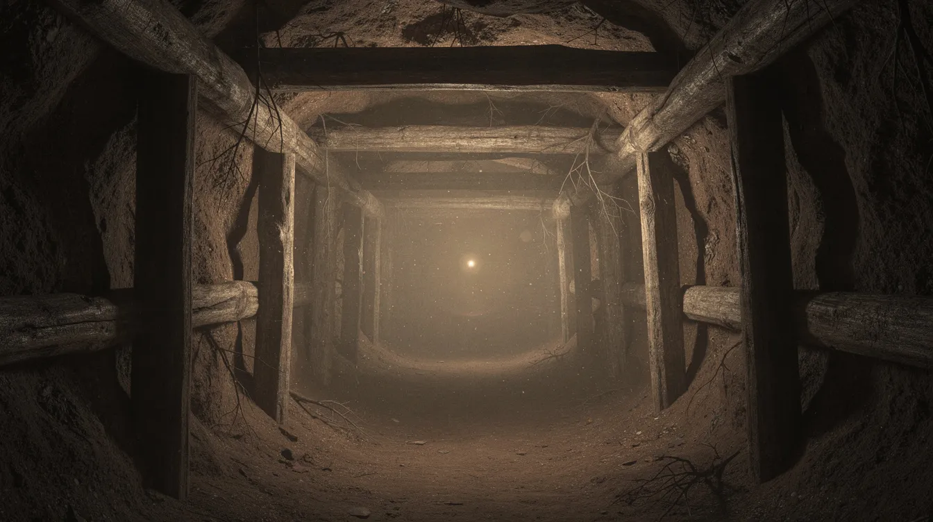 Das Bild zeigt einen langen, schmalen Tunnel, der mit Holzbalken als Stützen versehen ist. Am Ende des Tunnels strahlt ein schwaches Licht, das die enge Atmosphäre dieses Erdgangs verstärkt und an die spannenden Fluchtversuche in „Gesprengte Ketten – The Great Escape“ erinnert.