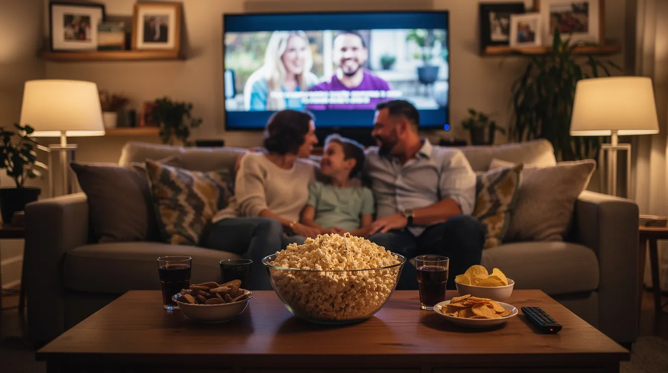 Eine Familie sitzt gemütlich im Wohnzimmer und schaut gemeinsam einen Film auf einem großen Fernseher, während auf dem Couchtisch eine Schüssel Popcorn steht. Die entspannte Atmosphäre erinnert an die neuesten Filmveröffentlichungen und die Trends in der Filmindustrie.