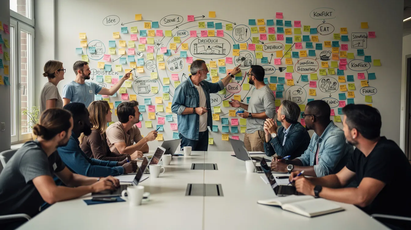 In einem kreativen Besprechungsraum sitzen mehrere Filmschaffende vor einer großen Wand, die mit bunten Haftnotizen, Pfeilen und Skizzen bedeckt ist. Die Atmosphäre ist lebhaft und inspiriert, während sie an der Entwicklung von Geschichten und Charakteren für ihre Film- und Serienprojekte arbeiten.