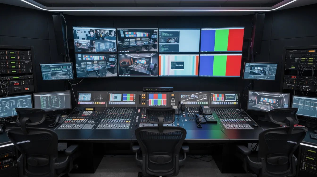 Der moderne Fernsehproduktions-Kontrollraum ist mit zahlreichen Bildschirmen und technischen Geräten ausgestattet, die für die Überwachung und Steuerung von TV-Produktionen genutzt werden. In diesem Raum werden während der Sweeps-Wochen die Nielsen-Ratings erfasst, um die Werbeeinnahmen für lokale TV-Stationen zu maximieren.