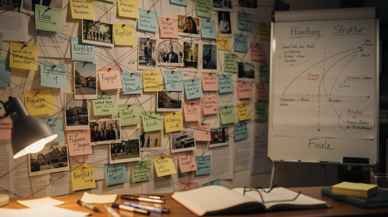 Das Bild zeigt eine Wand in einem Autorenraum, die mit bunten Karteikarten, Fotos und Verbindungslinien übersät ist, während im Hintergrund ein Whiteboard sichtbar ist. Diese kreative Anordnung könnte Teil eines Projekts über Monster der Woche oder ein spannendes Mystery-Spiel sein, das von einer Gruppe von Spielern entwickelt wird.