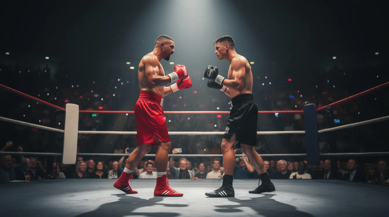 Zwei Boxer stehen sich im Ring gegenüber, einer trägt eine rote Hose und der andere eine schwarze, während dramatisches Spotlicht von oben auf sie fällt. Im Hintergrund ist das Publikum verschwommen zu sehen, was die Spannung des Titelkampfs im Stil von "Rocky III" verstärkt.