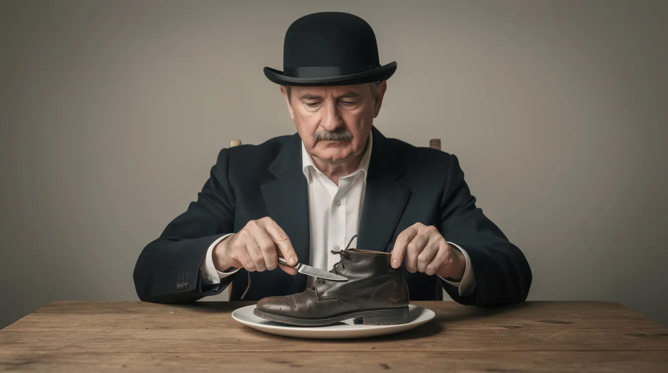 Ein Mann mit einer Melone und einem kleinen Schnurrbart sitzt an einem einfachen Holztisch und genießt konzentriert ein Gericht, das aus einem gekochten Lederstiefel auf einem Teller besteht. Diese humorvolle Szene erinnert an die Goldrausch-Ära, in der Goldsucher wie Charlie Chaplin oft in skurrilen Situationen dargestellt wurden.