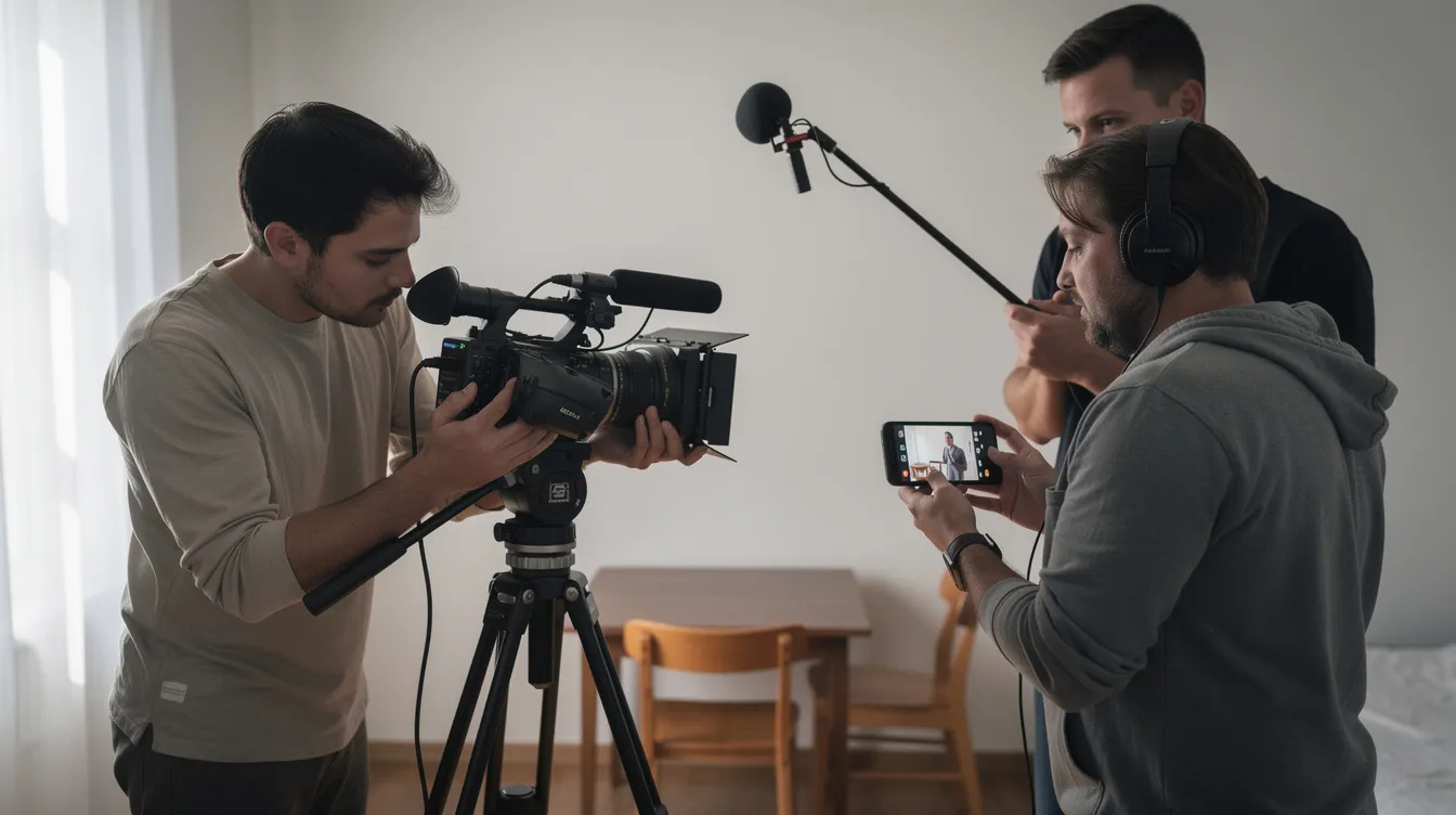 Ein kleines Filmteam bestehend aus drei Personen dreht eine Szene in einem einfach eingerichteten Raum. Eine Kamera auf einem Stativ und ein Smartphone als Monitor nutzen sie, während natürliches Licht den Raum beleuchtet.