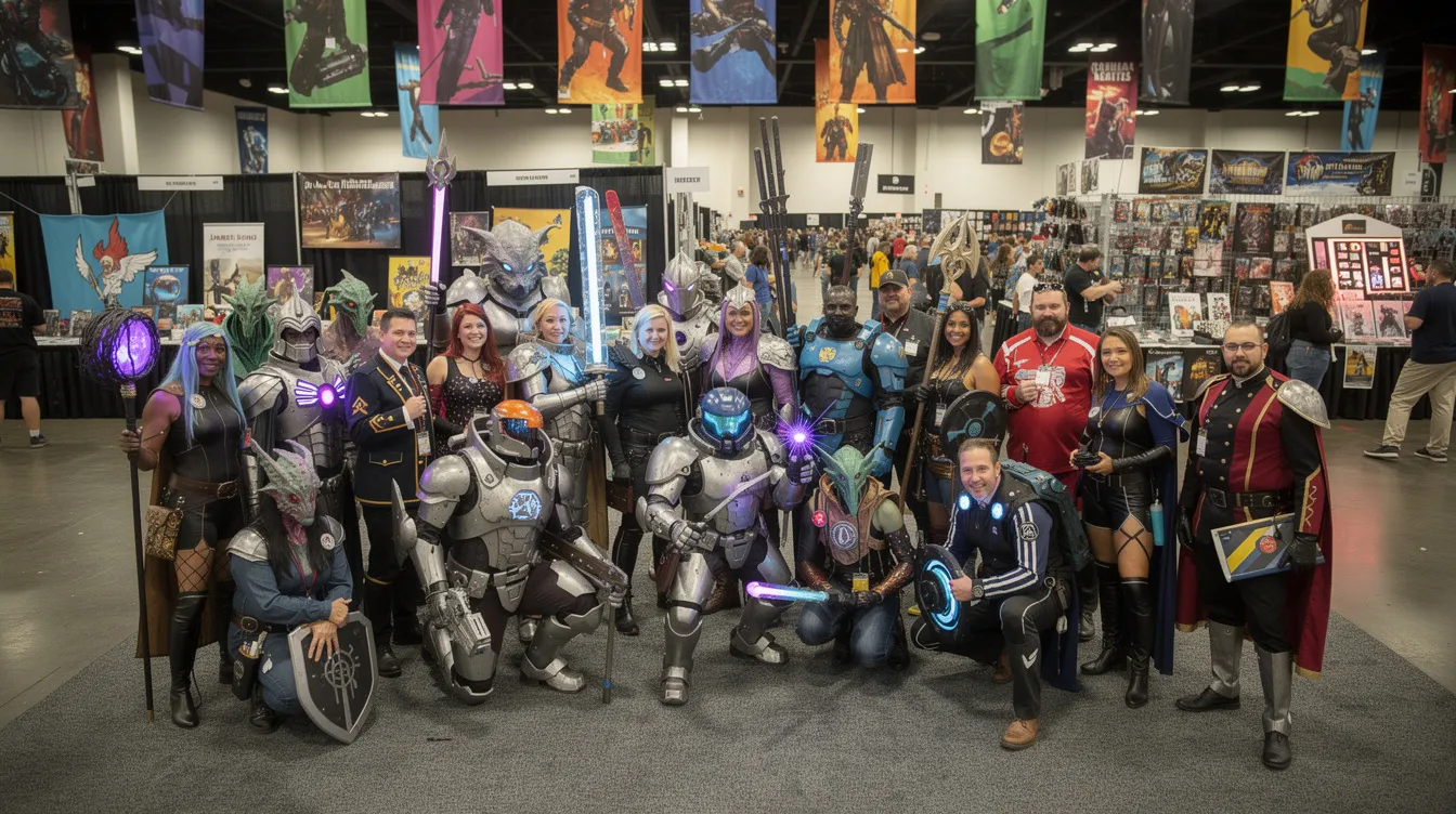 Eine große Gruppe von Cosplayern in fantasievollen Kostümen aus verschiedenen Universen, wie Science-Fiction und Fantasy, versammelt sich auf einer Convention. Im Hintergrund sind bunte Banner und Stände zu sehen, die eine lebendige Atmosphäre schaffen und Elemente des transmedialen Storytellings widerspiegeln.