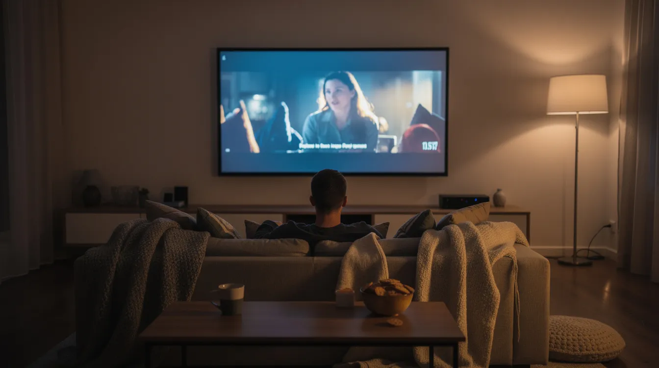 Eine Person sitzt entspannt im Wohnzimmer und schaut einen Film auf einem großen Fernseher, während das Licht gedimmt ist und eine gemütliche Atmosphäre schafft. Diese Szene spiegelt die aktuelle Filmindustrie wider, in der Streaming-Dienste und die Veröffentlichung von Filmen eine zentrale Rolle spielen.