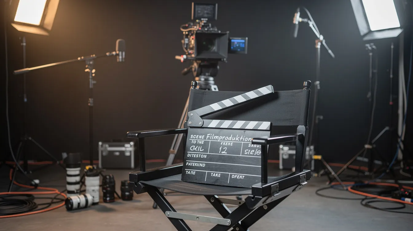 Auf einem Regiestuhl steht eine Filmklappe, während im Hintergrund eine umfangreiche Kameraausrüstung in einem Filmstudio zu sehen ist. Die Szene vermittelt das kreative Ambiente der Filmproduktion, in dem verschiedene Zeichenkodierungen und Formate eine Rolle spielen.