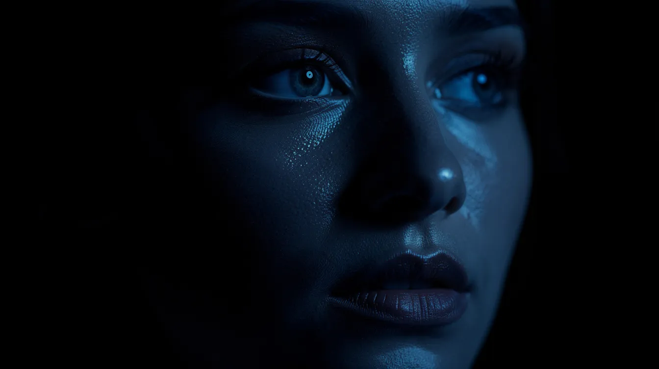 Das Bild zeigt eine Nahaufnahme eines Gesichts, das im dramatischen Halbschatten beleuchtet wird. Blaues Neonlicht reflektiert auf der Haut und verleiht dem nachdenklichen und verlorenen Blick eine futuristische Atmosphäre, die an die dystopische Welt von "Blade Runner 2049" erinnert.
