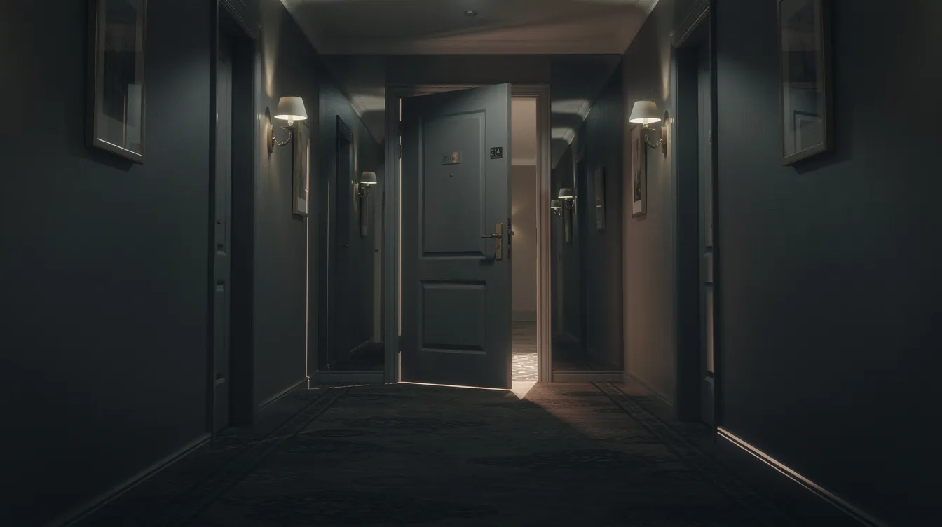 Der dunkle Hotelflur ist schwach beleuchtet und endet mit einer geöffneten Zimmertür, die an der Wand lehnt. Diese Szene könnte aus einem Thriller wie "Der unsichtbare Gast" stammen, in dem Geheimnisse und Mordverdacht eine zentrale Rolle spielen.