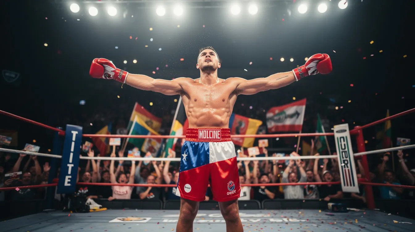 Ein athletischer Boxer in einem rot-weiß-blauen Outfit steht mit ausgebreiteten Armen in einem hell beleuchteten Boxring, während eine jubelnde Menge ihn anfeuert. Die Szene strahlt den Kampfgeist und die Energie eines großen Wettkampfs aus, ähnlich wie in den berühmten Rocky-Filmen mit Sylvester Stallone.