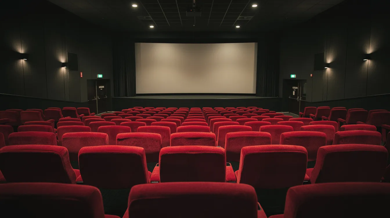 Ein leerer Kinosaal mit roten Sitzen ist im gedimmten Licht zu sehen, ohne Zuschauer. Diese Atmosphäre könnte auf die Herausforderungen der Filmindustrie und die Veränderungen in den Release-Strategien während der Pandemie hinweisen.