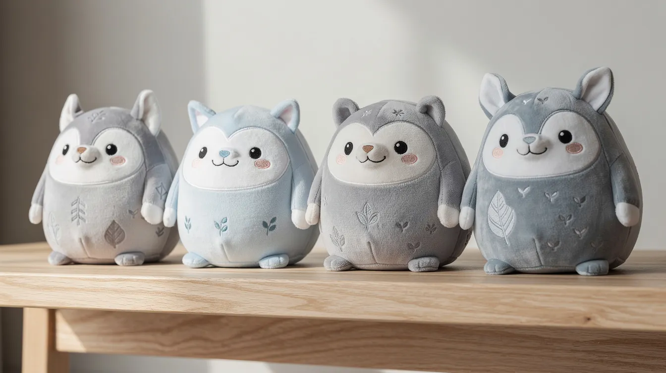 Die Abbildung zeigt eine Reihe von Plüschfiguren des runden, freundlichen Waldwesens Totoro in den Farben Grau, Blau und Weiß, die ordentlich auf einem hölzernen Regal platziert sind. Diese Figuren sind inspiriert von dem beliebten Anime-Klassiker "Mein Nachbar Totoro" von Hayao Miyazaki und vermitteln ein Gefühl von Gemütlichkeit und Abenteuer.