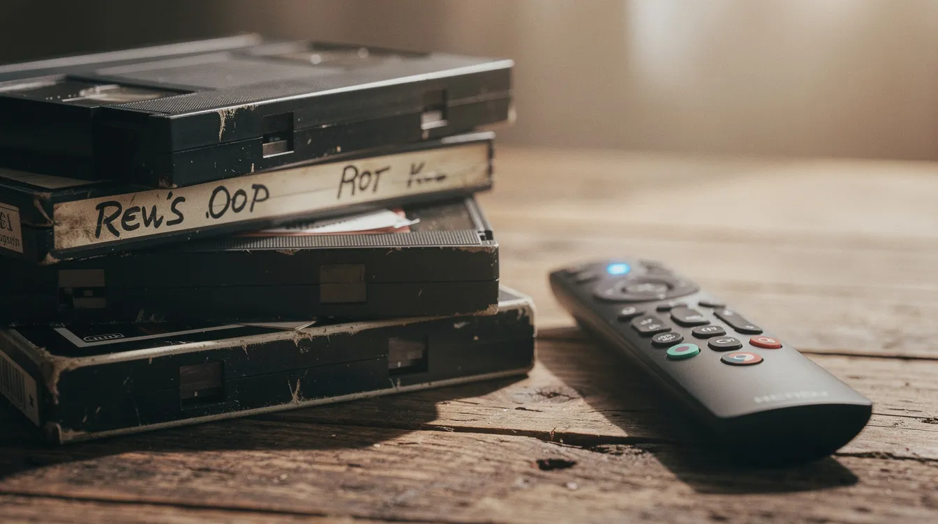 Auf einem Holztisch liegen alte VHS-Kassetten neben einer modernen Streaming-Fernbedienung, was eine interessante Kombination aus Retro-Atmosphäre und zeitgenössischer Technologie zeigt. Diese Szene verdeutlicht den Kontrast zwischen traditionellen Videoformaten und modernen Streaming-Diensten wie Netflix und Amazon.