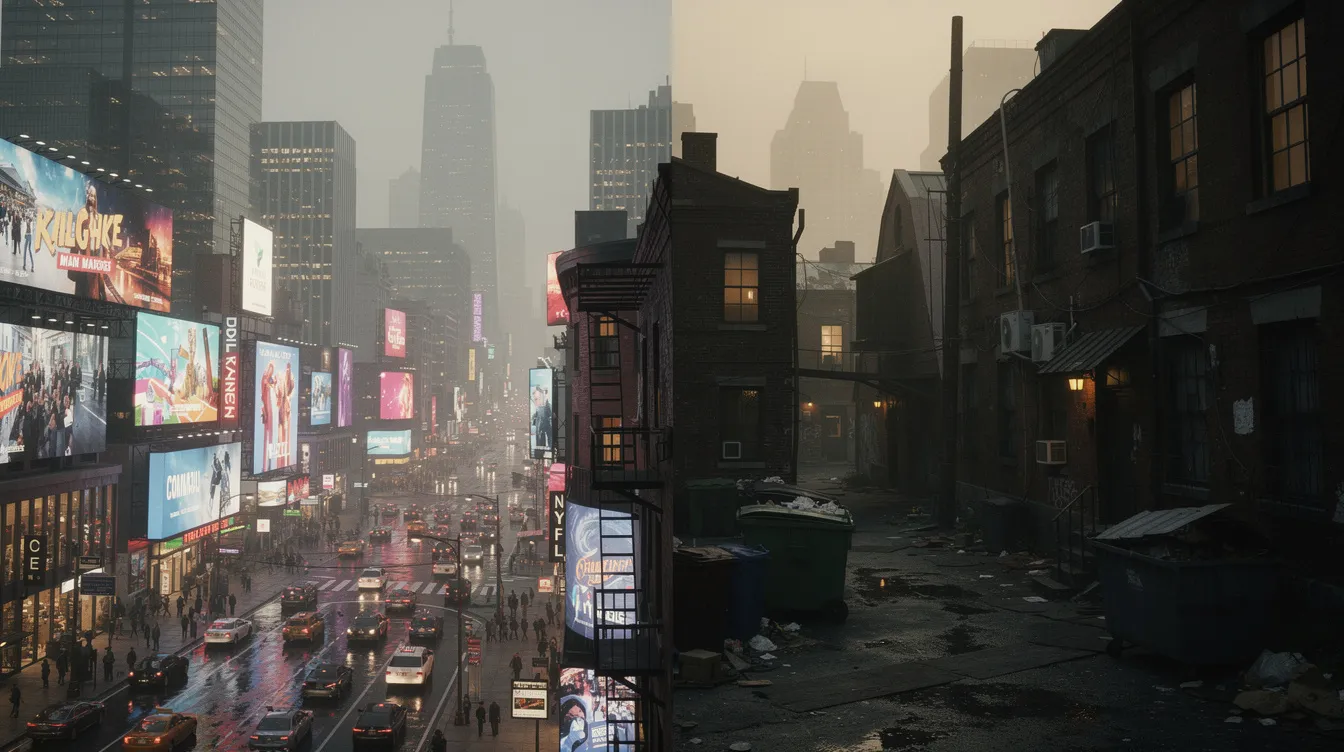 Die kontrastierenden Stadtansichten zeigen helle Reklametafeln, die neben dunklen Hinterhöfen in einer Großstadt stehen, während ein Smog über der Skyline von Mexiko-Stadt schwebt. Diese Szenerie spiegelt die Themen von Alejandro González Iñárritus Film "Amores Perros" wider, in dem Geschichten von Liebe, Gewalt und Schicksalen erzählt werden.