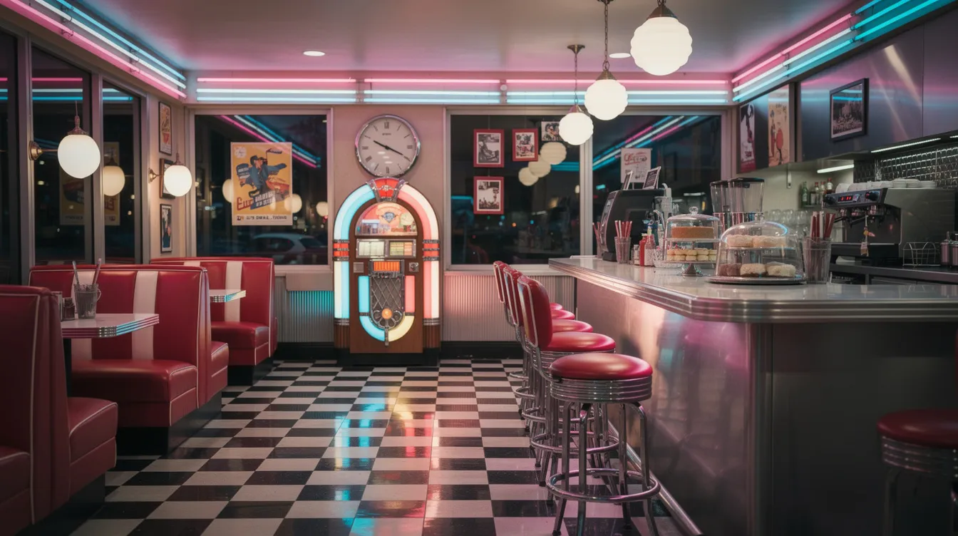 Das Bild zeigt einen amerikanischen Diner im Stil der 1950er Jahre, ausgestattet mit roten Lederbänken, einer Jukebox und lebhaften Neonlichtern, die eine nostalgische Atmosphäre schaffen. Diese Einrichtung erinnert an die Zeit von TV-Serien wie "Happy Days", in der Charaktere wie Richie Cunningham und sein älterer Bruder Chuck oft in solch einem Diner anzutreffen waren.