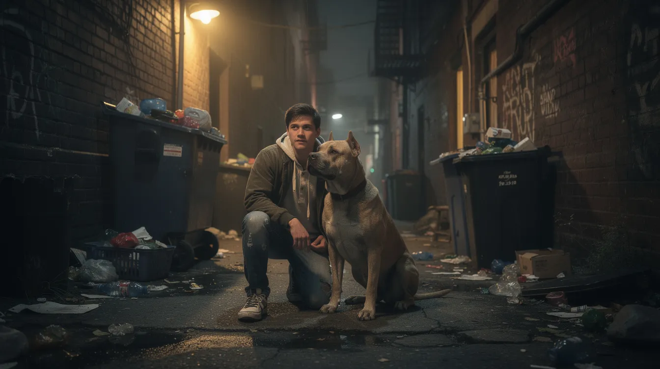 Ein enger, dunkler Hinterhof in einem Armenviertel zeigt einen jungen Mann, der neben einem muskulösen Hund kniet, während flackerndes Licht die düstere Atmosphäre verstärkt. Diese Szene könnte aus einem Film von Alejandro González Iñárritu stammen und spiegelt die Geschichten von Leben und Gewalt in Mexiko City wider.