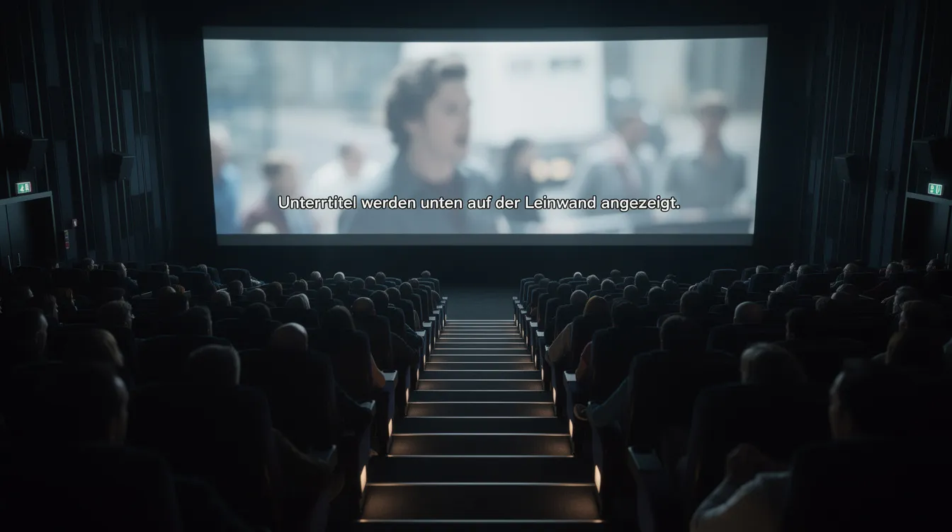 Ein Kinosaal mit zahlreichen Zuschauern, die gespannt auf eine große Leinwand blicken, auf der während der Filmvorführung Untertitel angezeigt werden. Die Atmosphäre ist lebhaft, während das Publikum die Handlung des Films verfolgt und die Informationen auf der Leinwand in verschiedenen Sprachen kodiert sind.