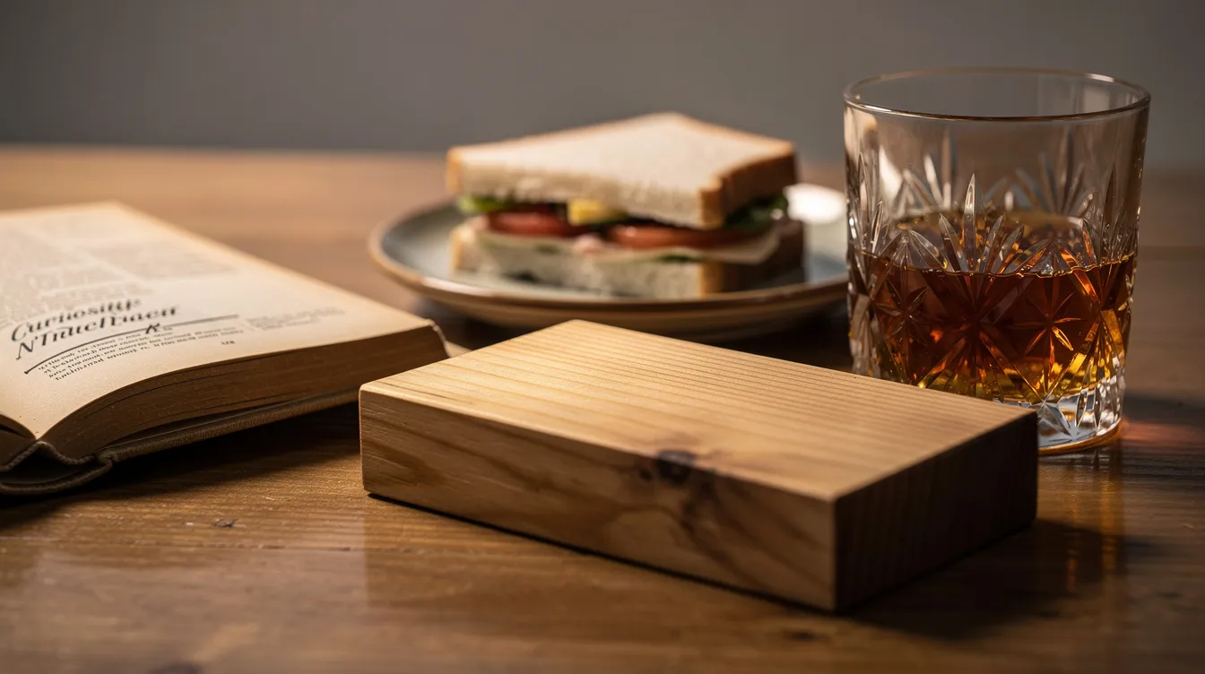 Auf dem Tisch liegt eine Nahaufnahme verschiedener Requisiten, darunter ein Buch, ein Sandwich, ein Holzblock und ein Glas Whiskey, die als Symbole für typische Charaktereigenschaften dienen. Diese Gegenstände könnten die Entwicklung eines Charakters, wie Ned Flanders, im Laufe der Zeit darstellen und Beispiele für die Flanderization in der Serie zeigen.