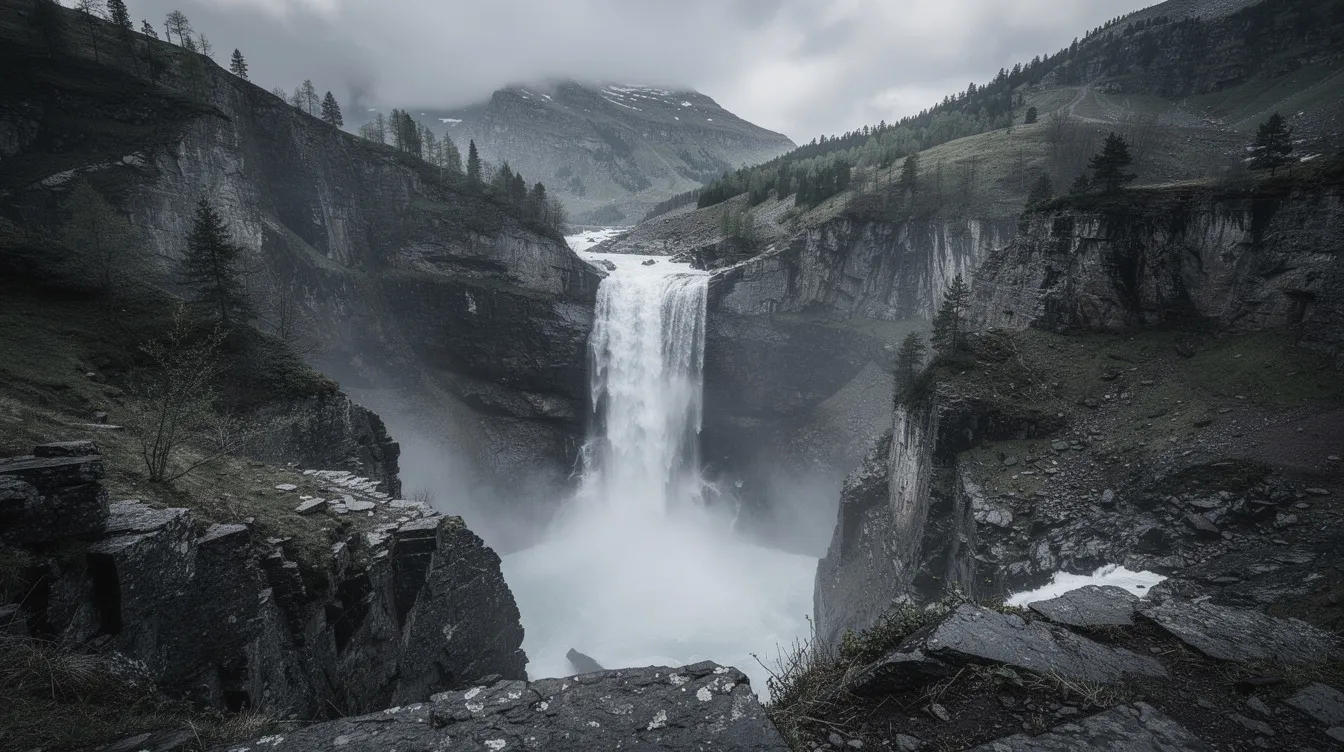 Ein dramatischer Wasserfall stürzt in einer malerischen Berglandschaft herab, umgeben von Nebel und schroffen Felsvorsprüngen, die an die Reichenbachfälle in der Schweiz erinnern. Diese beeindruckende Szenerie könnte als Teil einer Erzählung über die Abenteuer von Sherlock Holmes und den Konflikt mit Moriarty dienen, wobei die Elemente der Geschichte und die Charaktere in einem filmischen Kontext stehen.