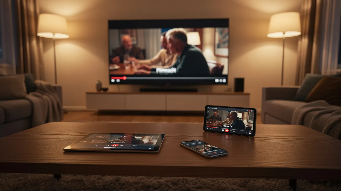 Das Bild zeigt ein gemütliches Wohnzimmer mit einem großen Fernseher, auf dem ein Film läuft. Auf dem Couchtisch liegen ein Tablet und ein Smartphone, die ebenfalls Filme abspielen, alles in stimmungsvoller Abendbeleuchtung, die eine entspannte Atmosphäre schafft.