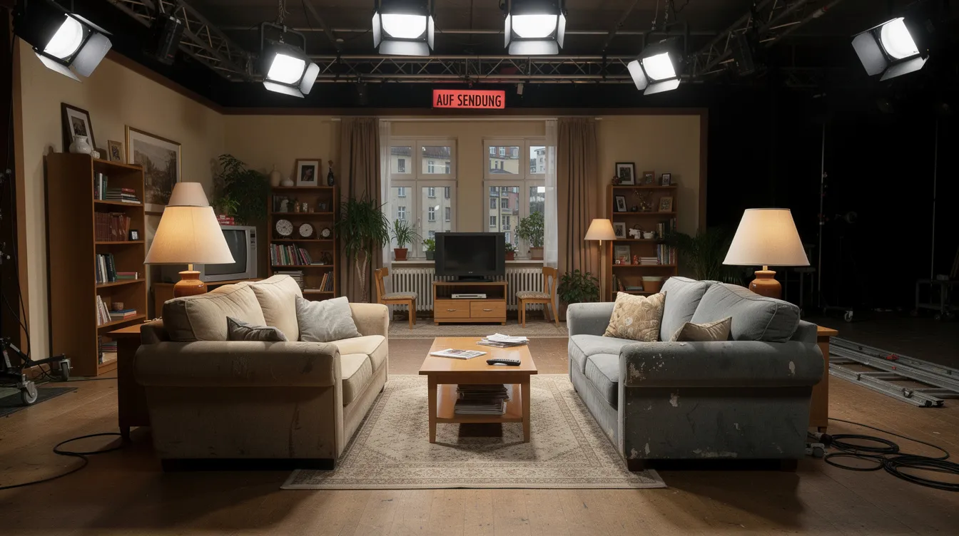 Das Bild zeigt ein leeres Fernsehstudio-Set, das für eine Sitcom eingerichtet ist. Es sind Sofas, Lampen und Bühnenbeleuchtung zu sehen, jedoch keine Schauspieler, was dem Raum eine verlassene Atmosphäre verleiht, als wäre dies der Ort, an dem die letzte Episode der Serie gedreht wurde.