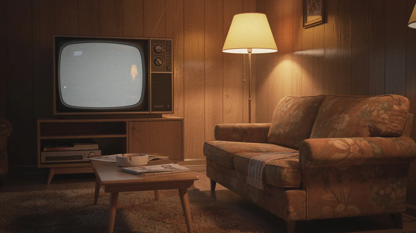 Das Bild zeigt einen alten Röhrenfernseher aus den 1970er Jahren, der in einem gemütlichen Wohnzimmer mit holzvertäfelten Wänden und einem geblümten Sofa steht. Die Einrichtung vermittelt ein nostalgisches Gefühl, das an die Zeit erinnert, in der Serien wie "Happy Days" populär waren.