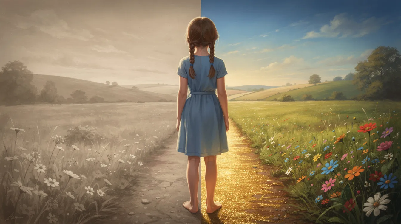Ein junges Mädchen mit Zöpfen und einem blauen Kleid steht auf einem Feldweg, umgeben von einer Landschaft, die links in sanften Sepiatönen und rechts in leuchtenden Farben mit bunten Blumen und einem goldenen Weg erstrahlt, der an die zauberhafte Welt aus "Der Zauberer von Oz" erinnert. Die Szene vermittelt ein Gefühl von Abenteuer und Magie, während das Mädchen neugierig in die farbenfrohe Landschaft blickt.