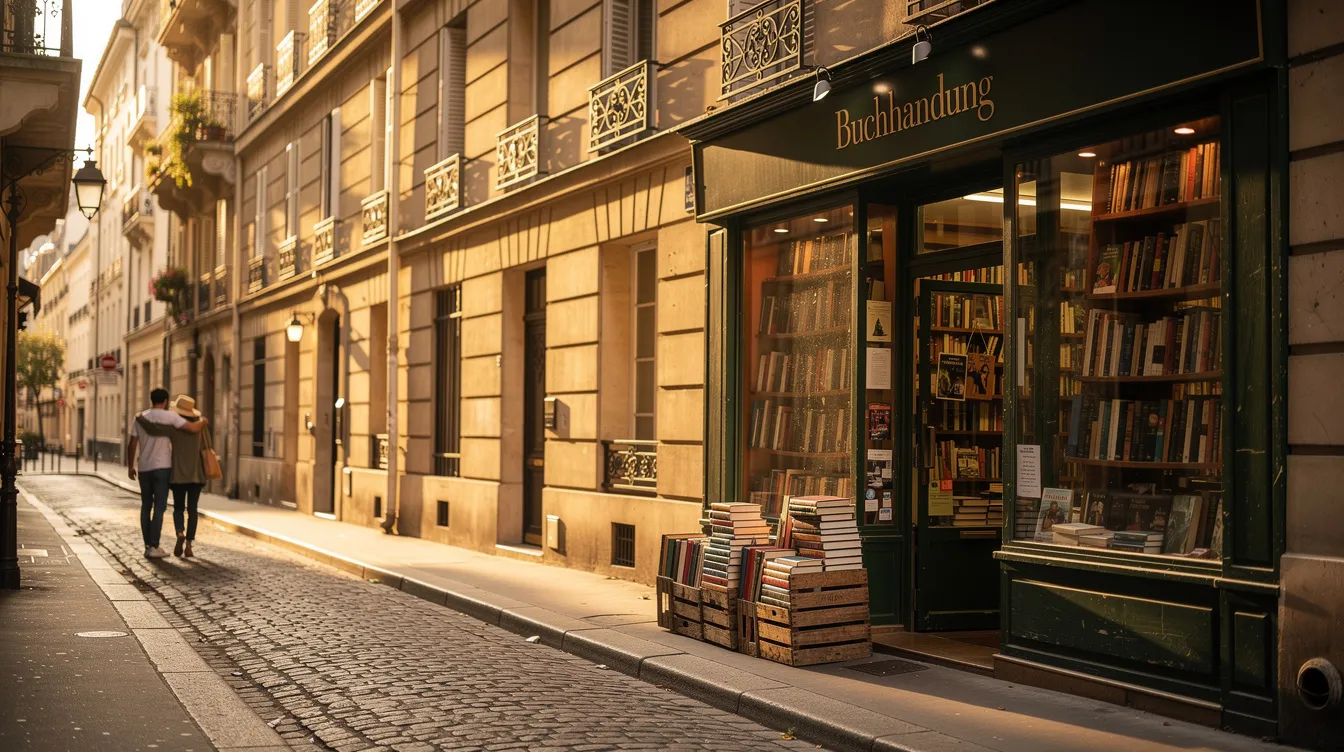 Ein Blick auf eine schmale Pariser Gasse mit einer kleinen Buchhandlung, in der warmes Nachmittagslicht sanft auf die Fassaden fällt. Im Hintergrund spaziert ein Paar, das an eine romantische Begegnung erinnert, wie sie in einem Film von Richard Linklater dargestellt werden könnte.