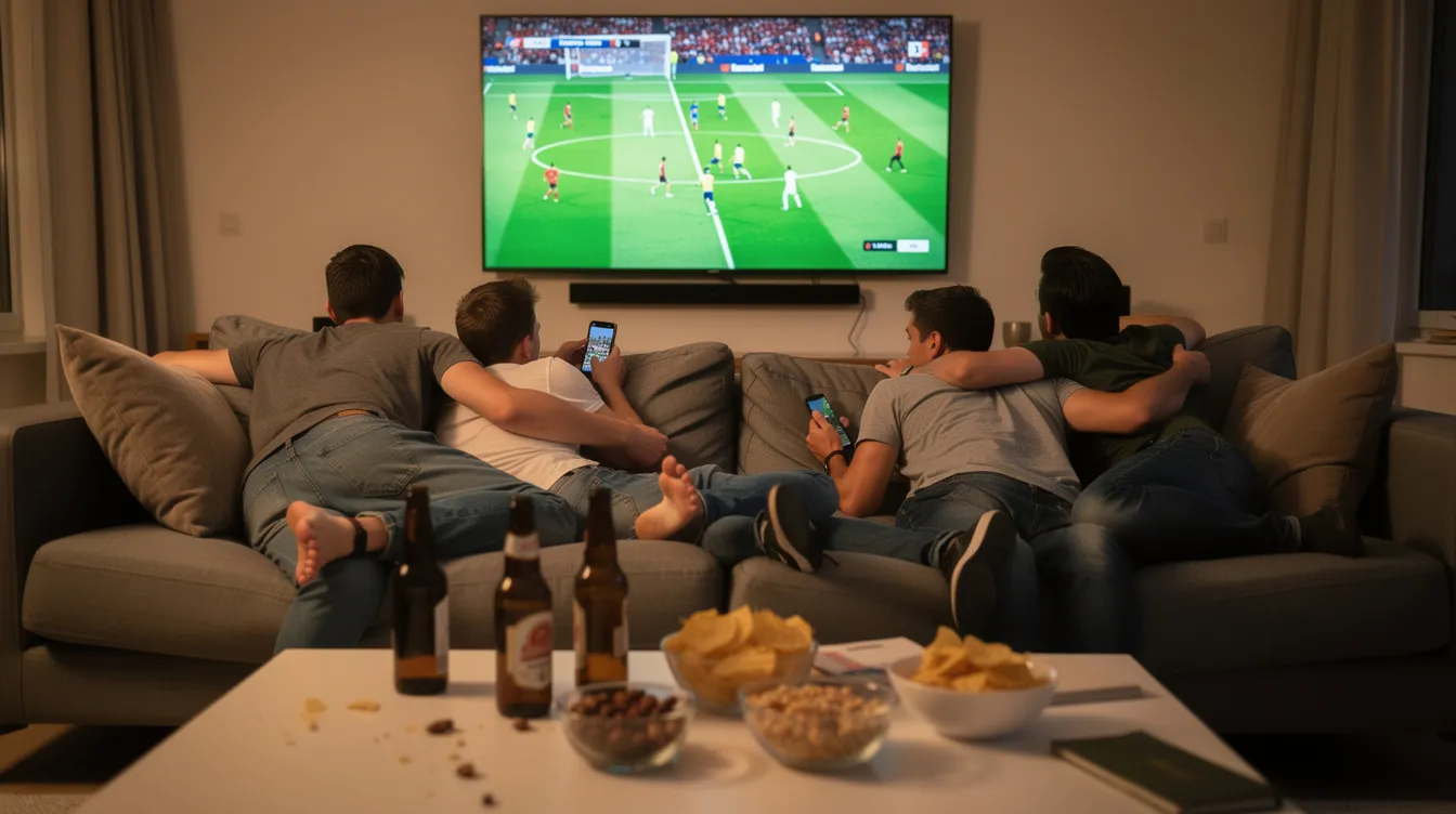 Eine Gruppe von mehreren Personen sitzt auf einem Sofa und schaut ein Fußballspiel auf einem großen Fernseher. Zwei der Zuschauer nutzen ihre Smartphones, während Bierflaschen und Snacks auf dem Tisch stehen, was die Parallelnutzung von Medien und das Phänomen der Second-Screen-Nutzung verdeutlicht.