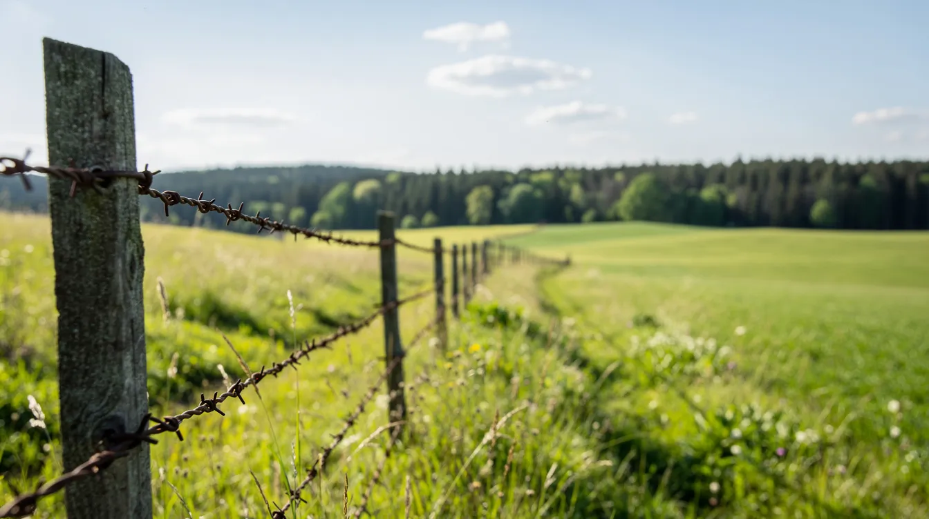 Ein langer Stacheldrahtzaun erstreckt sich vor einer weiten, grünen Landschaft, die bei Tageslicht leuchtet, während im Hintergrund ein Wald sichtbar ist. Diese Szenerie erinnert an die Filmgeschichte von "Gesprengte Ketten" und die Ausbruchsversuche von Kriegsgefangenen.