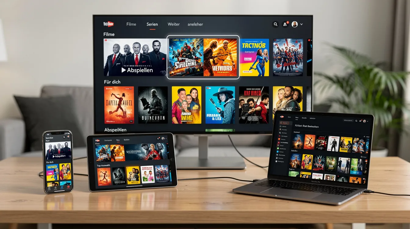 Auf dem Schreibtisch sind verschiedene mobile Geräte und ein Smart-TV platziert, die jeweils unterschiedliche bunte Streaming-Oberflächen mit Film-Thumbnails anzeigen. Diese Geräte repräsentieren verschiedene VOD-Plattformen wie Netflix, Amazon und iTunes und bieten eine Vielzahl von Film-Releases auf einen Blick.