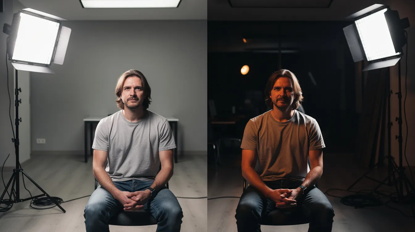 Das Bild zeigt eine Person in einem Raum, einmal bei flacher Raumbeleuchtung und einmal mit einem professionellen Filmlichtsystem, das aus mehreren Lichtquellen besteht. Die Unterschiede in der Lichtqualität und den Schatten sind deutlich sichtbar, wobei das Filmlicht eine dramatischere Ausleuchtung und einen besseren Farbton erzeugt.