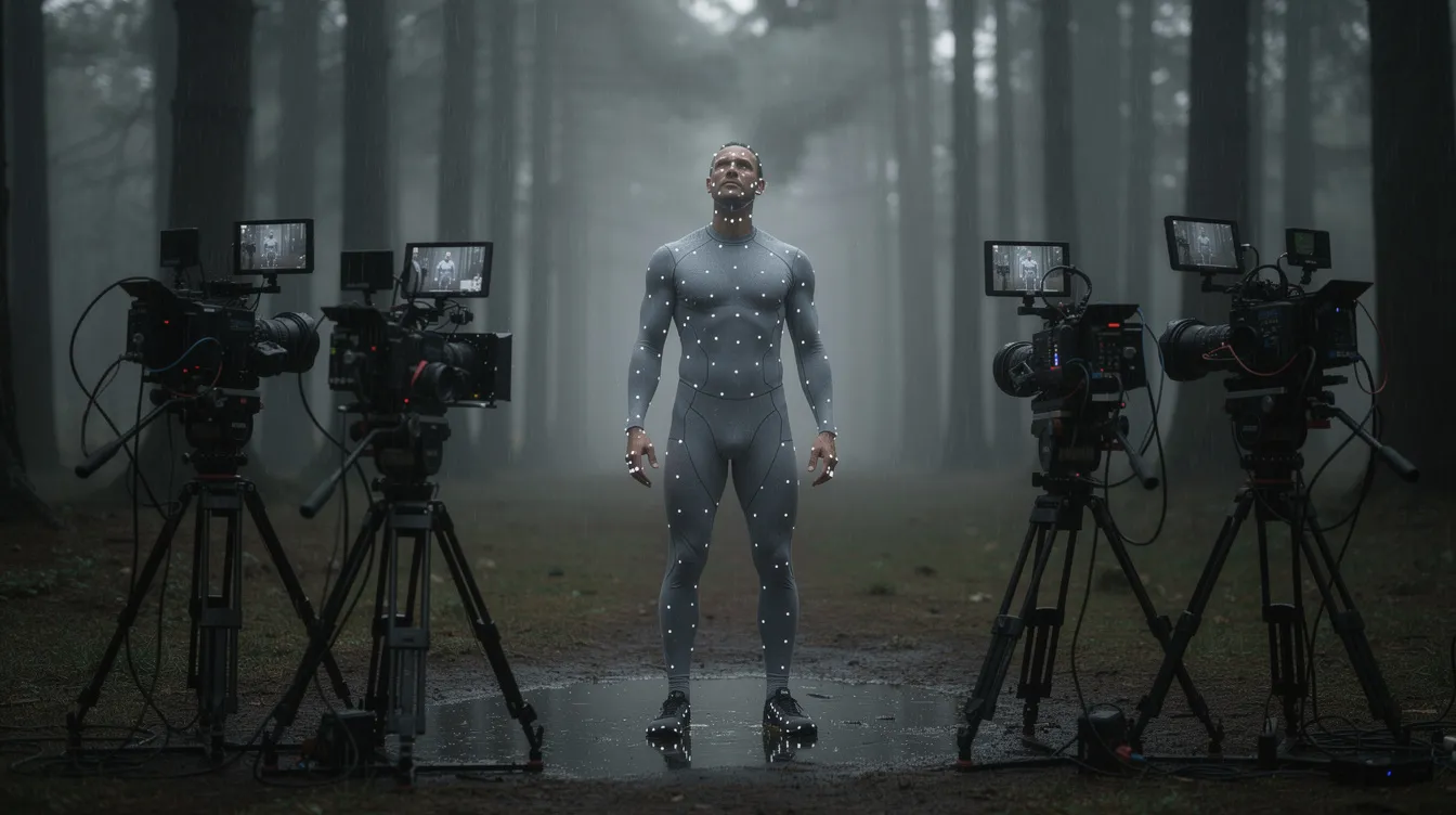 Ein Schauspieler in einem grauen Lycra-Anzug mit leuchtenden Punkten steht in einem regnerischen Wald, umgeben von Kameras auf Stativen, was an die innovative Performance Capture-Technik erinnert, die in Filmen wie "Planet der Affen: Revolution" verwendet wird. Die düstere Atmosphäre und der Regen verleihen der Szene einen dramatischen Charakter, der an die Herausforderungen der Menschheit und der Affen in dieser Science-Fiction-Geschichte erinnert.