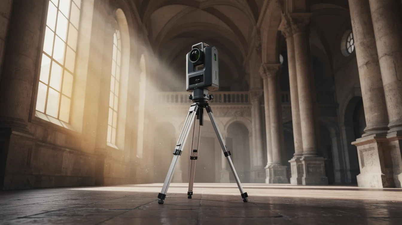 Ein professioneller 3D-Laserscanner steht auf einem Stativ in einem historischen Gebäude mit hohen Decken und Säulen, während Lichtstrahlen durch die Fenster fallen. Diese Realitätserfassung ermöglicht die Erstellung präziser 3D-Modelle für Architektur- und Ingenieurprojekte.