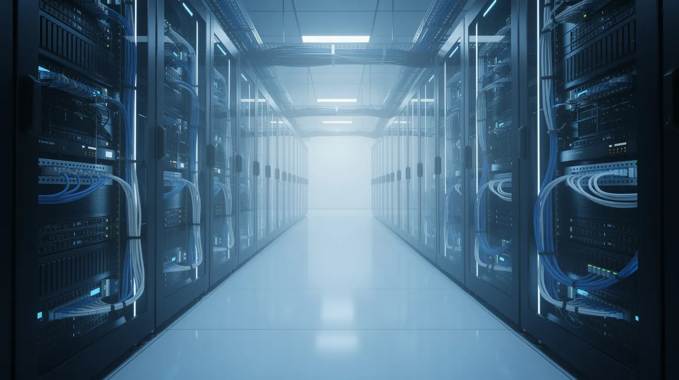 Der moderne Serverraum zeigt blau beleuchtete Racks, die mit zahlreichen Netzwerkkabeln verbunden sind, und bietet eine optimale Umgebung für den Datenaustausch und die Verwaltung von Medieninhalten. Diese technische Infrastruktur unterstützt Unternehmen bei der Syndizierung von Inhalten und der effizienten Nutzung von Produktdaten.