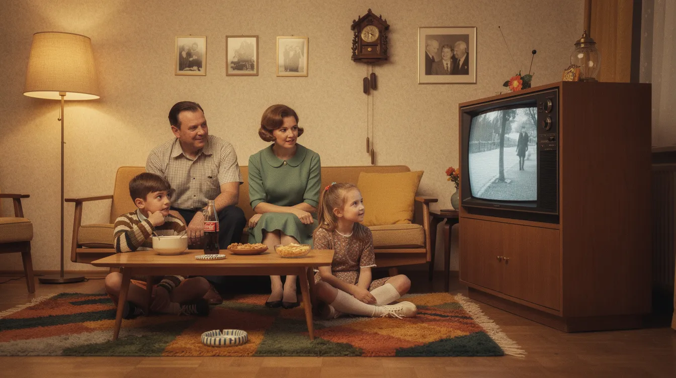 Eine Familie aus den 1960er-Jahren sitzt gemeinsam in ihrem Wohnzimmer vor einem großen Röhrenfernseher, während sie eine beliebte TV-Show verfolgt. Die Atmosphäre ist gemütlich, und die Familie genießt die gemeinsamen Fernsehmomente, die während der Sweeps-Woche besonders wichtig für die Nielsen-Ratings sind.