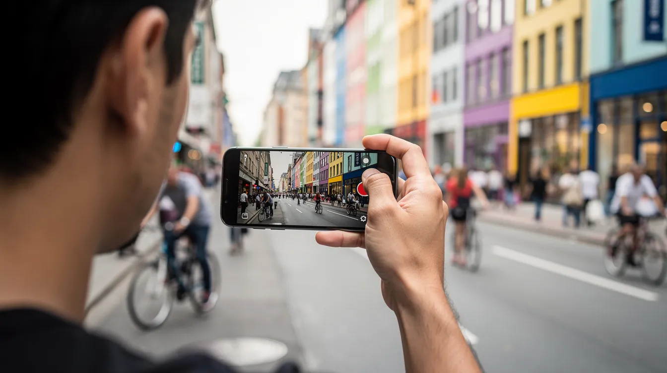 Eine Person filmt mit ihrem Smartphone eine lebhafte Straßenszene in einer Großstadt, während im Hintergrund bunte Gebäude und geschäftiges Treiben zu sehen sind. Diese Momentaufnahme spiegelt die Dynamik und Vielfalt des urbanen Lebens wider, ähnlich den Themen des dritten Kinos, die von Filmemachern wie Fernando Solanas und Octavio Getino inspiriert sind.