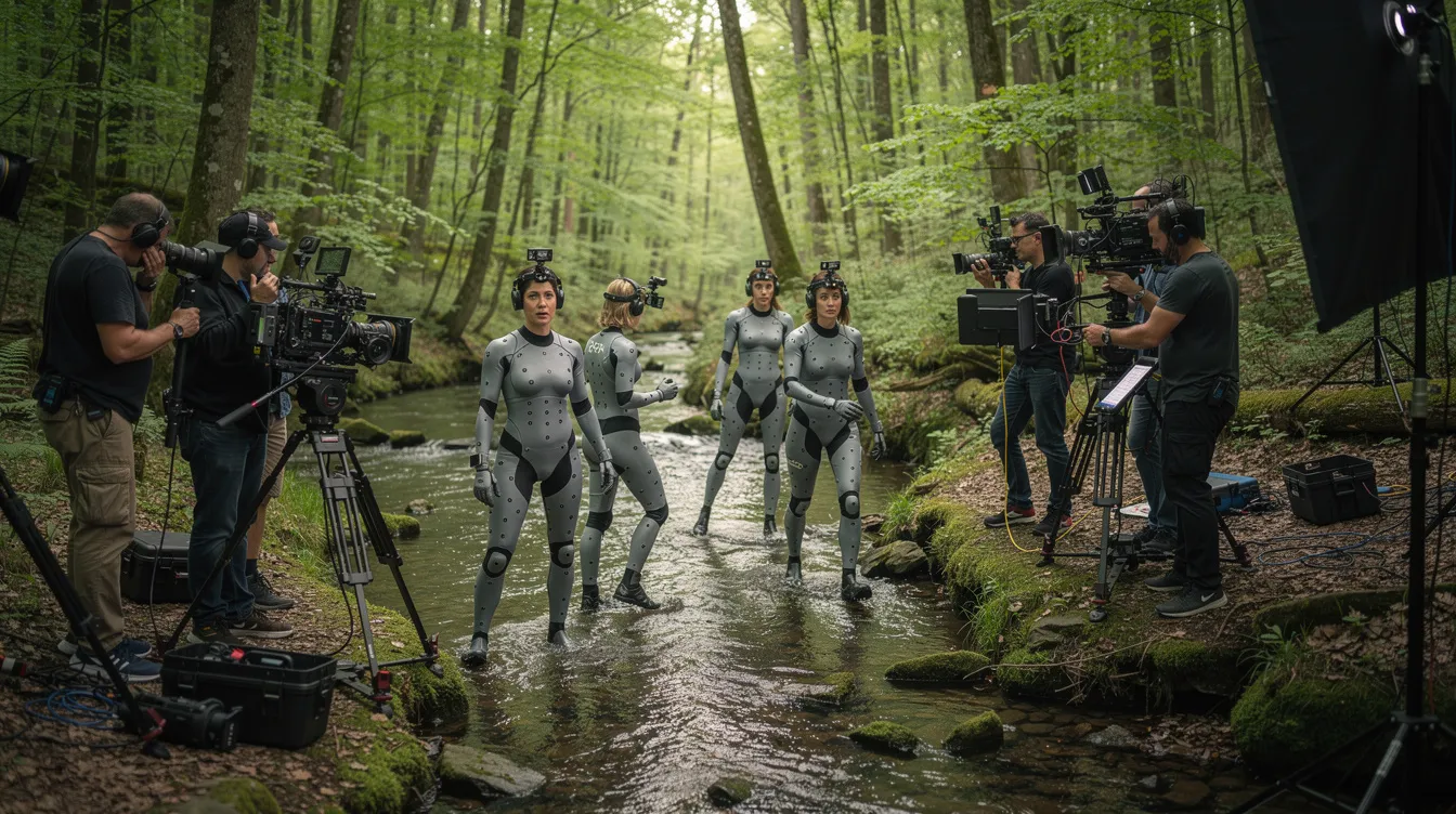 Auf dem Filmset im Wald stehen mehrere Personen in grauen Motion-Capture-Anzügen am Ufer eines Baches, während Kameraleute sie aus verschiedenen Blickwinkeln filmen. Diese Szene könnte Teil eines Science-Fiction-Films wie "Planet der Affen: Revolution" sein, in dem das Affenvolk und die Menschheit im Mittelpunkt stehen.
