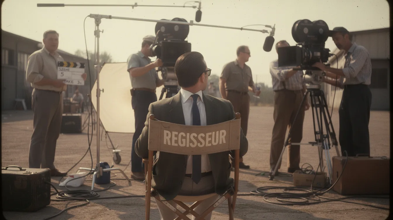 Ein Regisseur sitzt entspannt in einem Klappstuhl auf einem Filmset im Freien, umgeben von Kameras und Crew-Mitgliedern, die an einem Projekt mit Vintage-Atmosphäre der 1960er Jahre arbeiten. Die Szene erinnert an die Dreharbeiten zu "Gesprengte Ketten" und vermittelt ein Gefühl von Filmgeschichte und Kreativität.