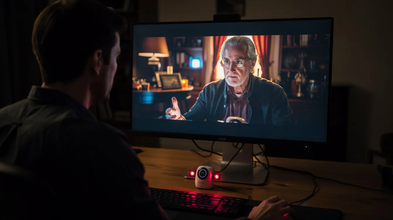Eine Person sitzt in einem abgedunkelten Raum vor einem großen Bildschirm und betrachtet aufmerksam eine Filmszene, während ein Infrarotgerät unterhalb des Monitors ihre Augenbewegungen verfolgt. Dieses Eye-Tracking-System ermöglicht die Analyse von Blickbewegungen und Fixationen während der Betrachtung von Filmen.